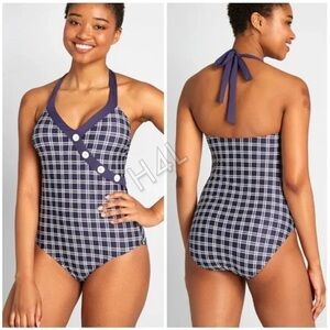 ModCloth Vintage Plaid Button Print Swimsuit Size Small